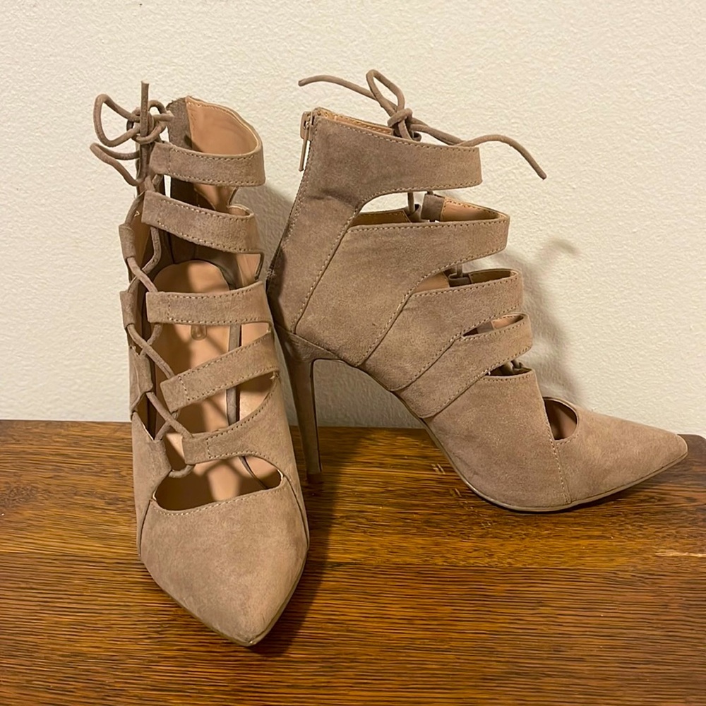 Stiletto lace up tan heels back zipper dress shoe